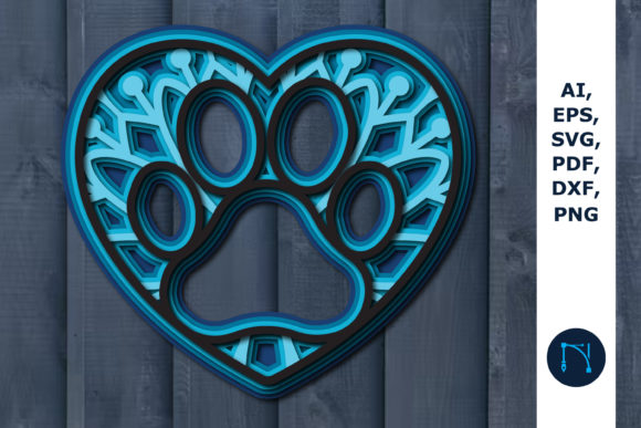 3D SVG Heart Dog Paw Mandala for Shadow Boxes